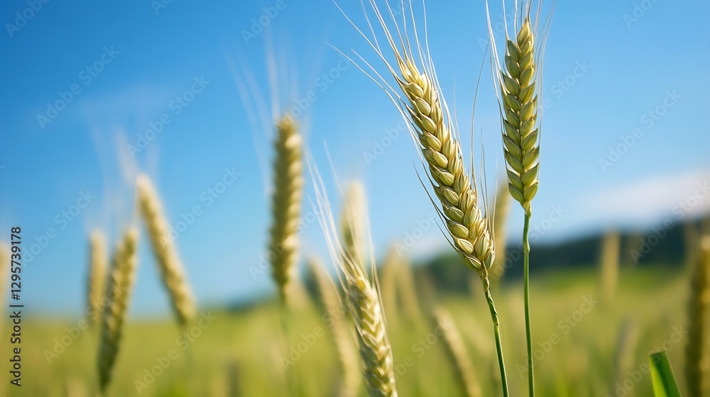 Closeup of golden wheat ears swaying in a gentle breeze with a vibrant blue sky in the background : Generative AI Closeup of golden wheat ears swaying in a gentle breeze with a vibrant blue sky in the background : Generative AI