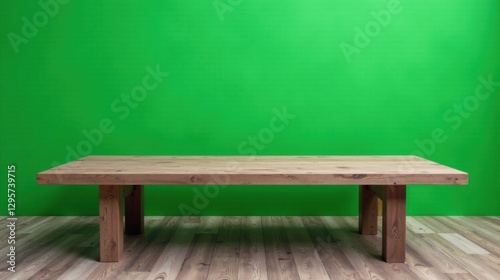 Rustic wooden table against a vibrant green wall, showcasing a clean and simple design, perfect for product displays or showcasing various items.