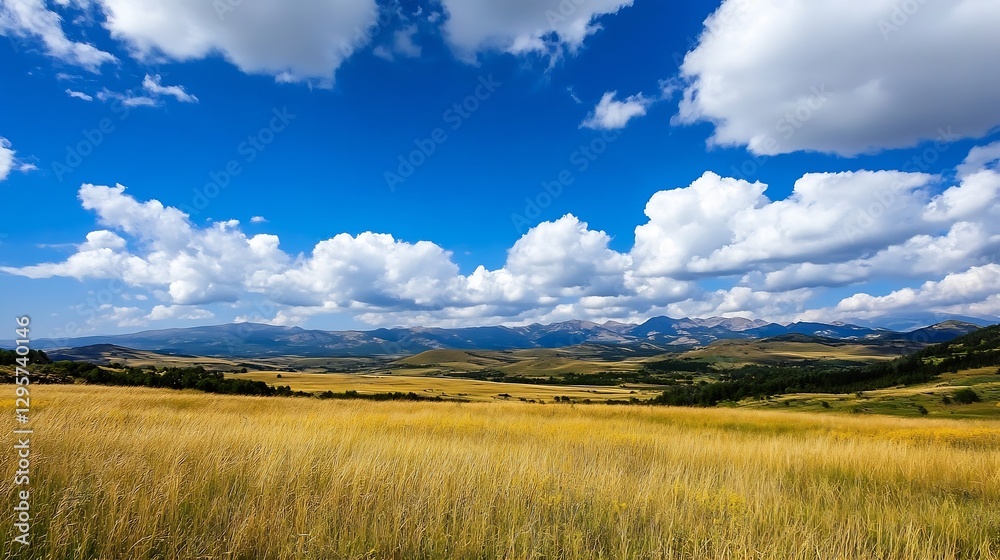 Breathtaking panoramic view of lush golden fields under a vibrant blue sky with fluffy white clouds : Generative AI Breathtaking panoramic view of lush golden fields under a vibrant blue sky with fluffy white clouds : Generative AI