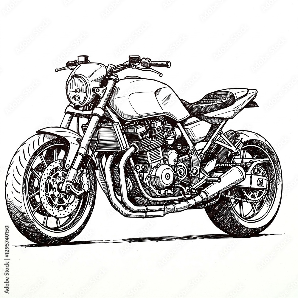 Naklejka premium A motorcycle drawn with black lines against a white background.