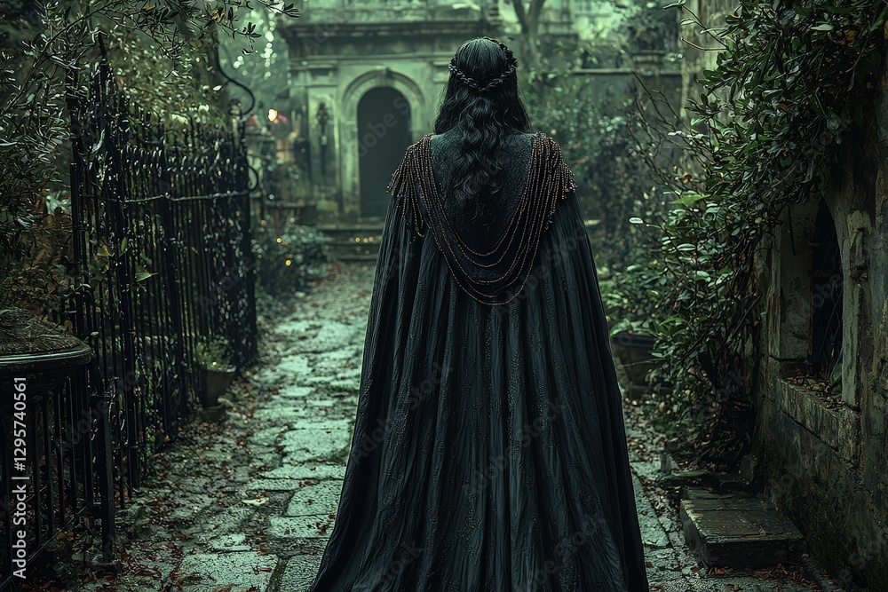 Mysterious figure in cloak walking through enchanting overgrown pathway Mysterious figure in cloak walking through enchanting overgrown pathway