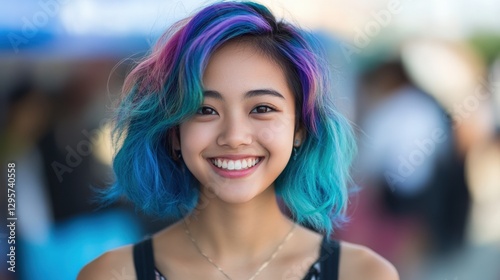 Young Woman Smiling With Vibrant Blue And Purple Hair photo