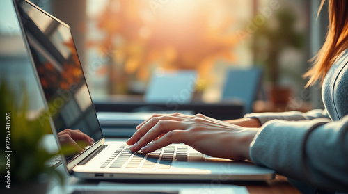 Close Up of Woman's Hands Typing on Laptop with Green Energy support – reflecting the concept of green energy