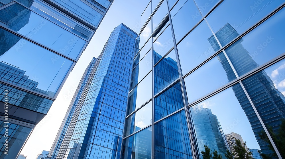 Obraz premium Contemporary Office Buildings with Reflective Glass Panels Capturing City Views : Generative AI