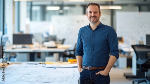 Confident architect standing in a modern office space with drafting plans, showcasing professionalism and creativity in architectural design process