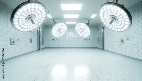 Empty emergency room with clean white tiled floors and large surgical lights above