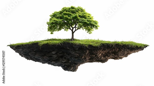 This image showcases a lone tree thriving on a small, floating patch of grass and soil.