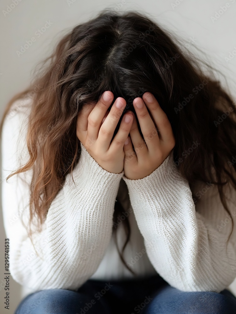 Vulnerable image of a girl covering her face with hands while sitting on the floor in a soft light setting : Generative AI Vulnerable image of a girl covering her face with hands while sitting on the floor in a soft light setting : Generative AI