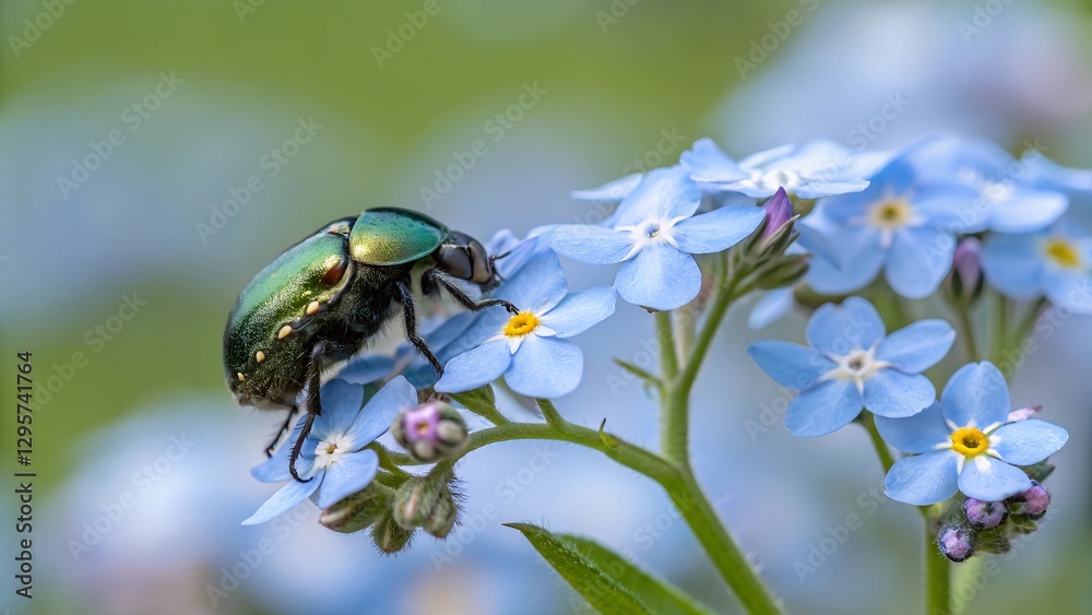 Beetle and Blue Flowers: Capturing the delicate interaction between nature's wonders, a shimmering green beetle delicately explores a cluster of vibrant blue forget-me-not flowers. Beetle and Blue Flowers: Capturing the delicate interaction between nature's wonders, a shimmering green beetle delicately explores a cluster of vibrant blue forget-me-not flowers.