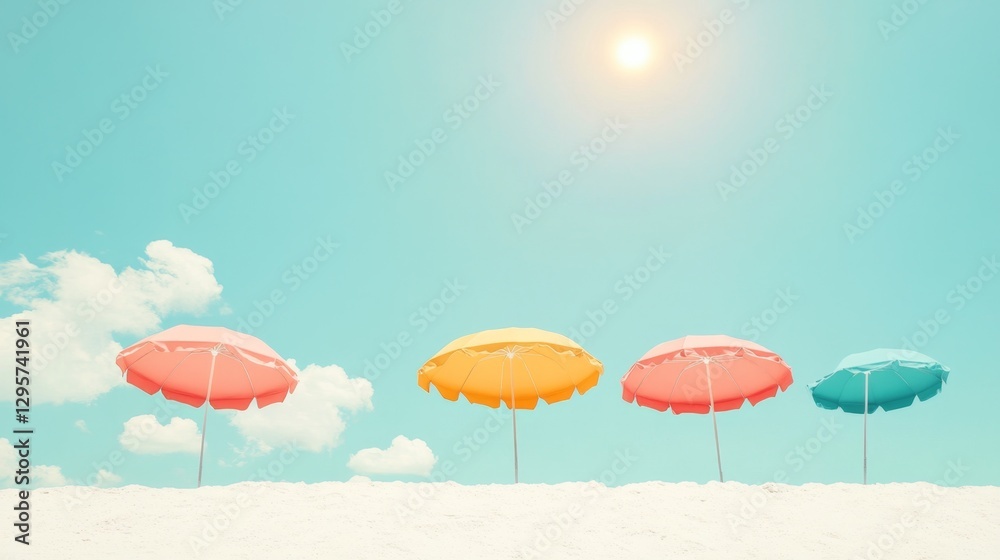 Fototapeta premium Minimalist Beach Scene with Colorful Umbrellas Under a Bright Sky