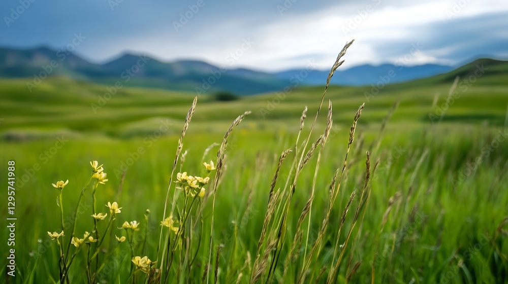 Obraz premium Serene landscape of tall grass and wildflowers against rolling hills : Generative AI