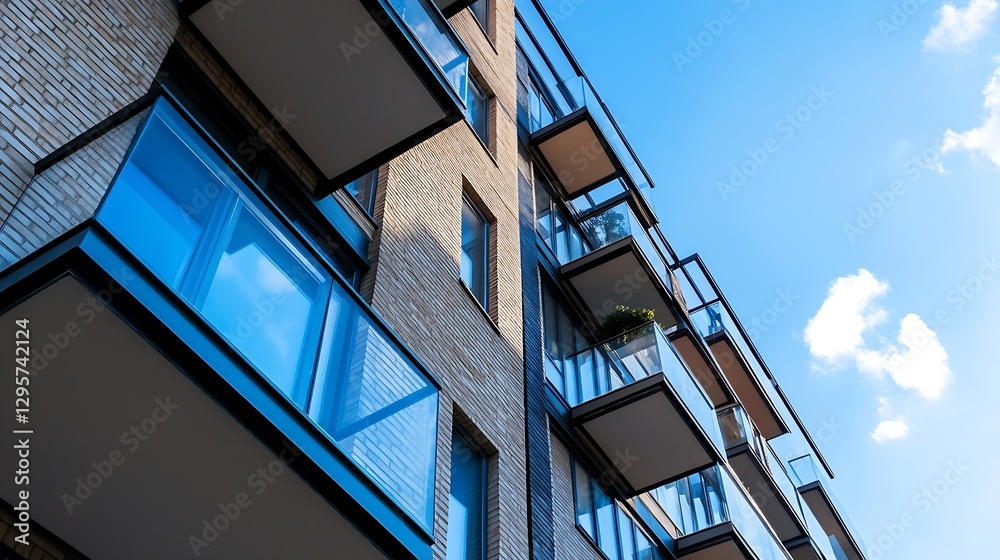 Fototapeta premium Modern apartment building with blue sky and balconies showcasing outdoor living spaces : Generative AI