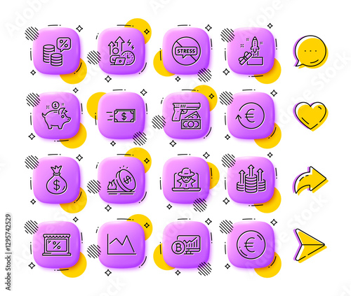 Money tax, Robbery and Line chart line icons. App 3d buttons. Social media comment, share, like icons. Pack of Stop stress, Saving money, Market icon. Vector