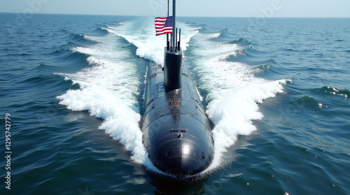 The submarine moves on the surface of the water, forming waves around itself. The U.S. flag is flying on the boat.
