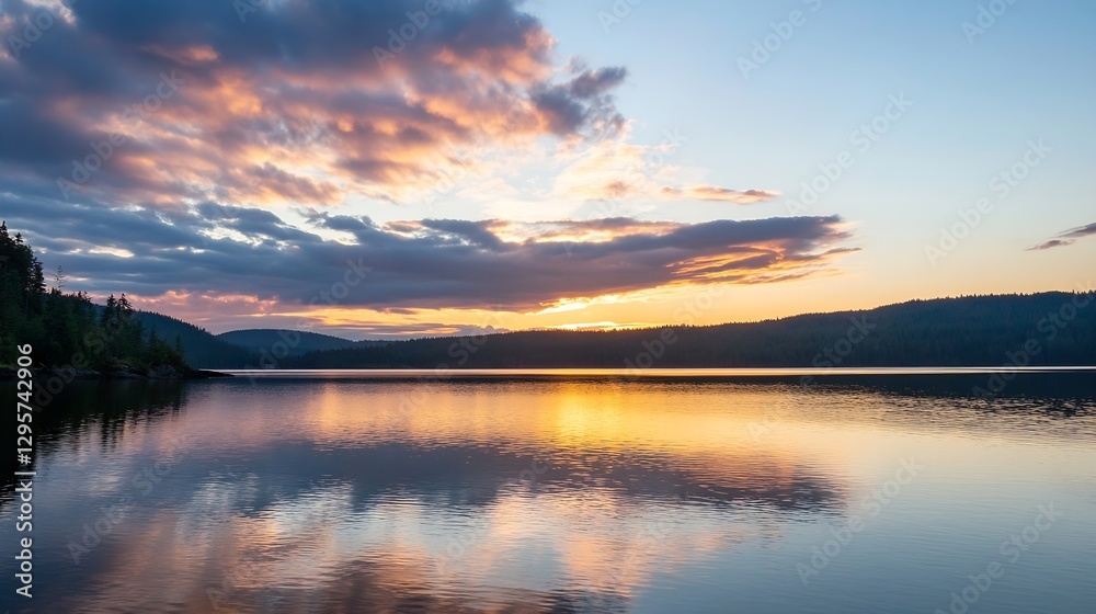 Fototapeta premium Breathtaking Sunset Over Calm Lake Reflecting Beautiful Clouds and Hills : Generative AI