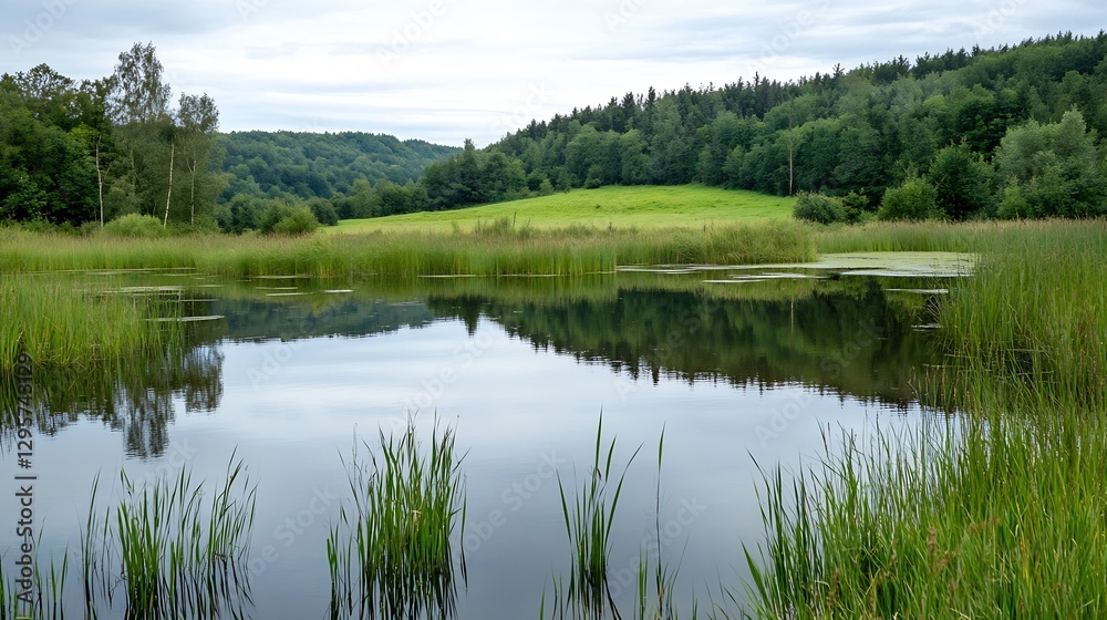Obraz premium Tranquil Reflection of Lush Greenery in a Serene Lake Surrounded by Forested Hills : Generative AI