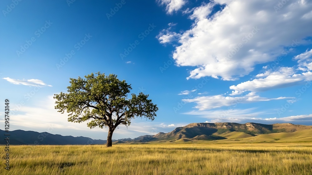 Majestic Isolated Tree Standing in a Golden Meadow Under a Bright Blue Sky with Clouds and Mountains : Generative AI Majestic Isolated Tree Standing in a Golden Meadow Under a Bright Blue Sky with Clouds and Mountains : Generative AI