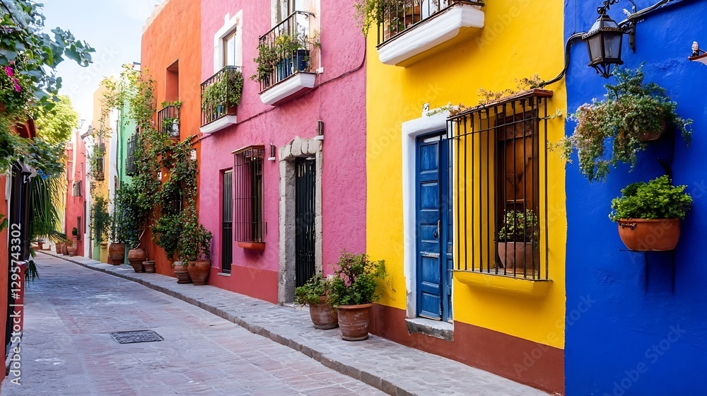 Naklejka premium Colorful Streets of San Miguel de Allende with Bright Facades and Flower Pots : Generative AI