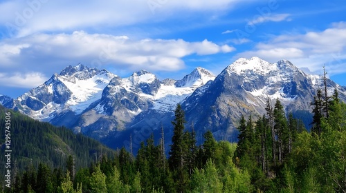 Breathtaking mountain range with snow capped peaks under a blue sky showcasing natural beauty : Generative AI
