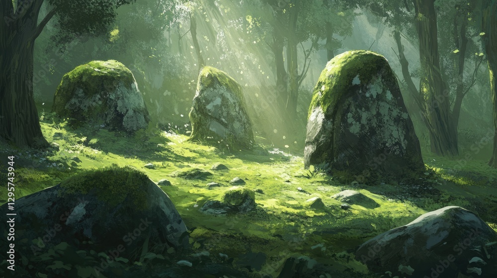 Fototapeta premium Large moss-covered stones scattered across the forest floor, adding to its ancient beauty.