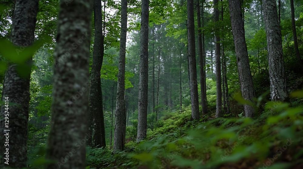 Fototapeta premium Lush Green Forest Landscape with Tall Trees in a Misty Atmosphere : Generative AI