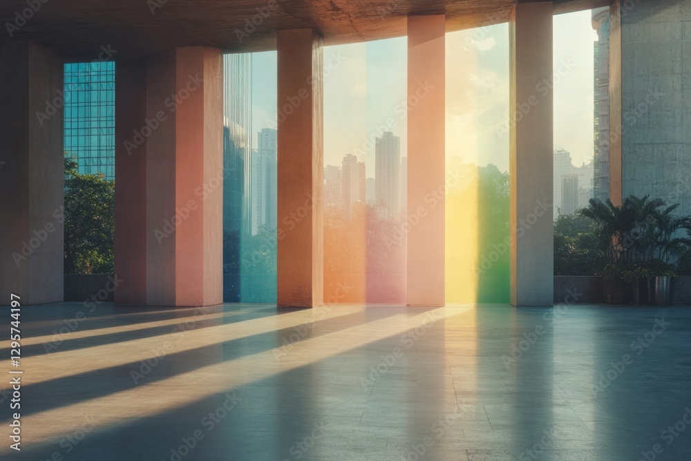 Obraz premium Colorful light beams create a vibrant atmosphere inside an urban building during the late afternoon