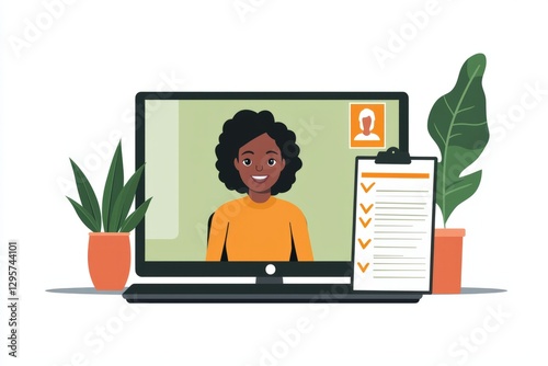 A video call interview for a scholarship program, where a student speaks confidently to the selection panel on a screen. A checklist of talking points is beside, Generative AI