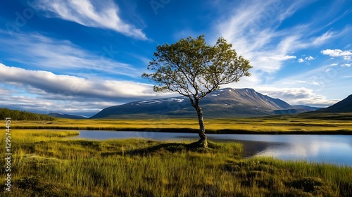 Lone Tree by Calm Lake Surrounded by Lush Green Grass Under Vast Blue Sky : Generative AI photo