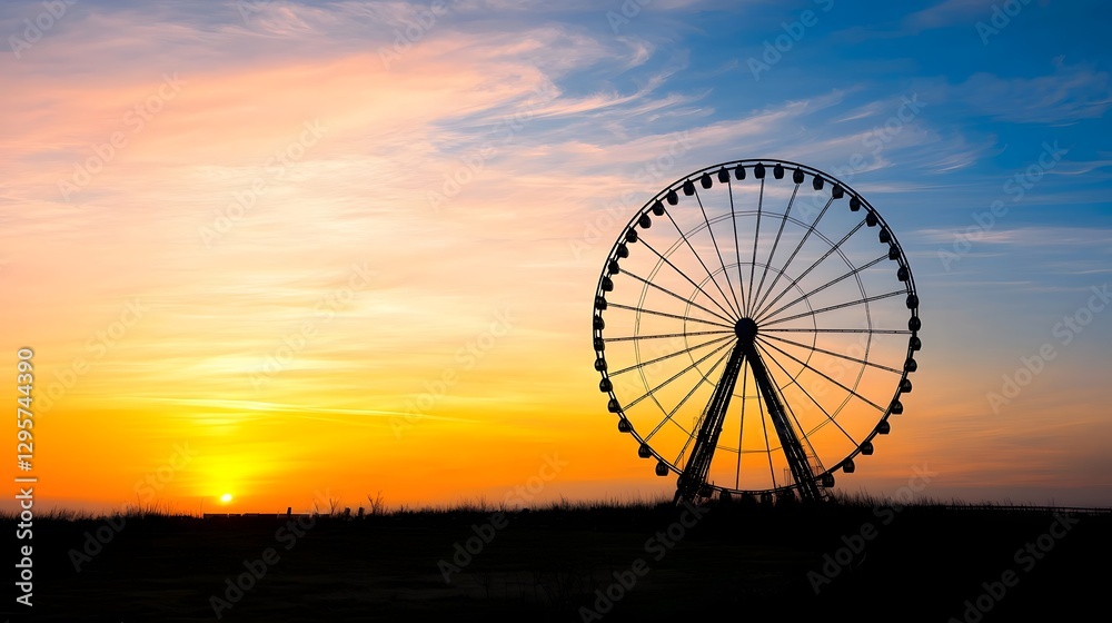 Minimalist view of a Ferris wheel silhouette standing tall against a vibrant colorful sunset sky The cinematic perspective creates a serene dramatic atmosphere Minimalist view of a Ferris wheel silhouette standing tall against a vibrant colorful sunset sky The cinematic perspective creates a serene dramatic atmosphere