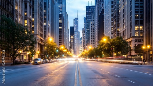 Dazzling city street illuminated at dusk showcasing urban skyline and vibrant lights of tall buildings : Generative AI