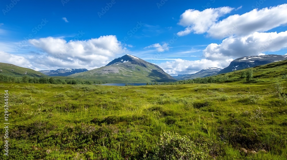 Expansive mountain landscape under blue sky and fluffy clouds showcasing natural beauty and tranquility : Generative AI Expansive mountain landscape under blue sky and fluffy clouds showcasing natural beauty and tranquility : Generative AI