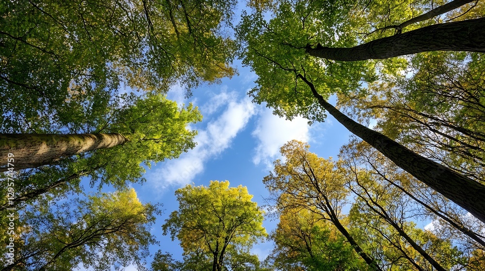 Fototapeta premium Autumn Colors Displayed in a Serene Forest with Tall Trees Against a Beautiful Sky : Generative AI