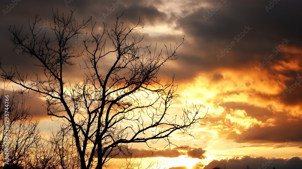 Beautiful silhouette of a barren tree against a vibrant sunset sky with dramatic clouds and colorful hues : Generative AI Beautiful silhouette of a barren tree against a vibrant sunset sky with dramatic clouds and colorful hues : Generative AI