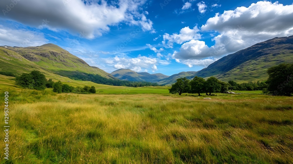 Breathtaking View of Rolling Hills and Lush Green Fields Under Blue Sky : Generative AI