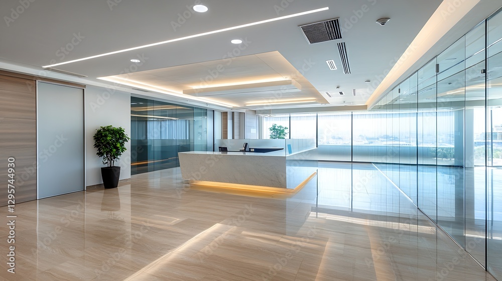 Fototapeta premium Bright and Modern Office Reception with Elegant Design and Natural Light : Generative AI