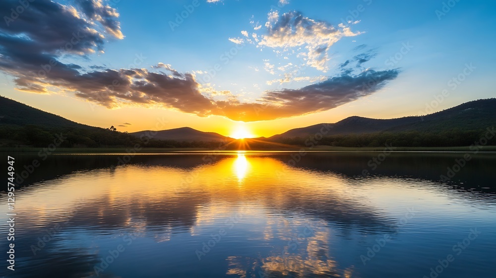 Fototapeta premium Stunning Sunset Reflection Over Calm Lake Surrounded by Mountains and Sky : Generative AI