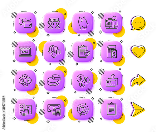 Credit card, Wallet and Loyalty points line icons. App 3d buttons. Social media comment, share, like icons. Pack of Stress, Pie chart, Difficult stress icon. Vector