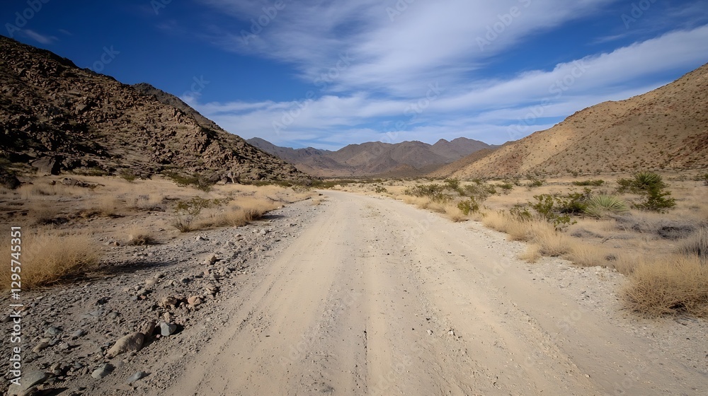 Stunning Desert Landscape with Dusty Road and Mountains Under Blue Sky : Generative AI Stunning Desert Landscape with Dusty Road and Mountains Under Blue Sky : Generative AI
