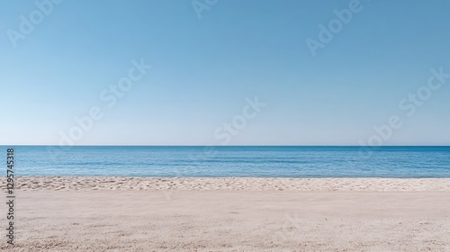 Bright and sunny image of a tranquil beach with soft sand and a calm blue ocean : Generative AI
