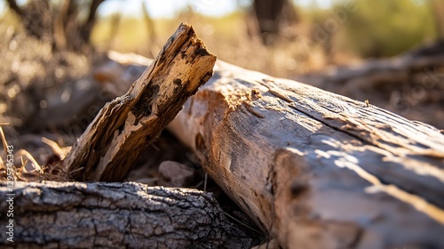 Wallpaper Mural Macro shot of a weathered log on the ground surrounded by dry natural foliage in warm sunlight : Generative AI Torontodigital.ca