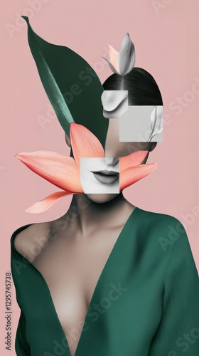Abstract Portrait with Floral Elements: A creative blend of a woman’s figure and vibrant flowers set against a soft pink background.