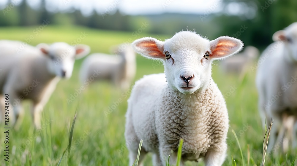 Adorable fluffy lamb frolicking in a green field with a curious expression and a sunny backdrop : Generative AI Adorable fluffy lamb frolicking in a green field with a curious expression and a sunny backdrop : Generative AI