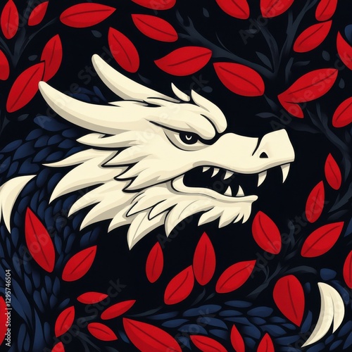 Stylized Dragon Head with Red Leaves: A vibrant illustration useful for fantasy art, gaming designs, and cultural themes.