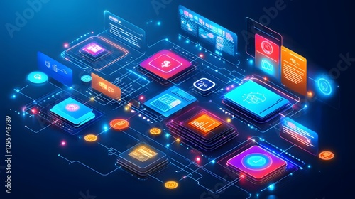 Futuristic digital interface showcasing data analytics and AI technology with vibrant visuals