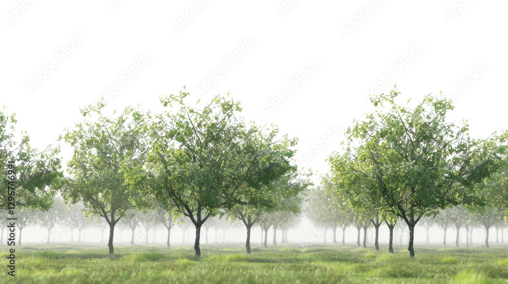 Obraz premium Green trees growing in misty orchard with transparent background