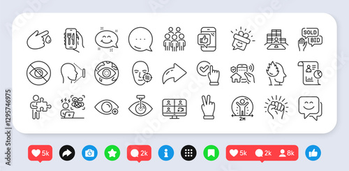 Problem skin, House security and Smile chat line icons pack. Social media: share, comment, like icons. Stress, Smile, Farsightedness web icon. Puzzle, Social distance, Cyber attack pictogram. Vector