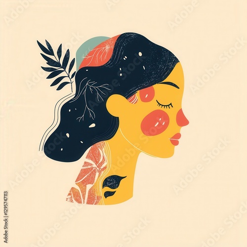 Stylized Profile of a Woman with Nature Elements: Vibrant Yellow and Green Illustrations, Perfect for Art and Design Projects