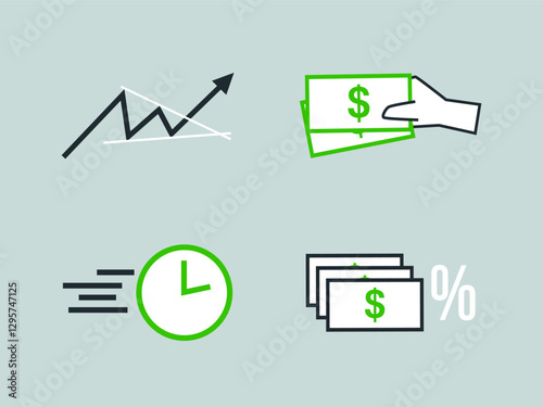 Money Stock Investment Icons featuring Financial Growth Up Profit Trade Graph Arrow and Business Elements perfect for Banking Trading and Economic Concepts representing Wealth Success and Finance