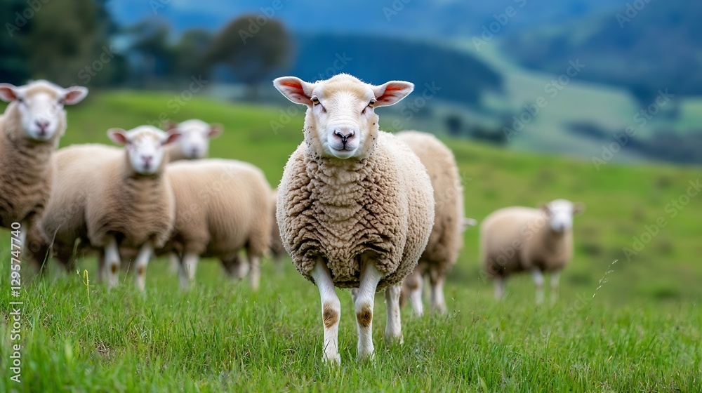 A curious sheep stands in a lush green meadow surrounded by its flock against a stunning natural backdrop : Generative AI A curious sheep stands in a lush green meadow surrounded by its flock against a stunning natural backdrop : Generative AI