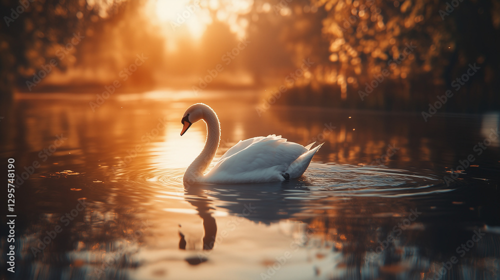 Fototapeta premium Majestic Swan at Golden Hour Serene Lake Sunset Water Reflection